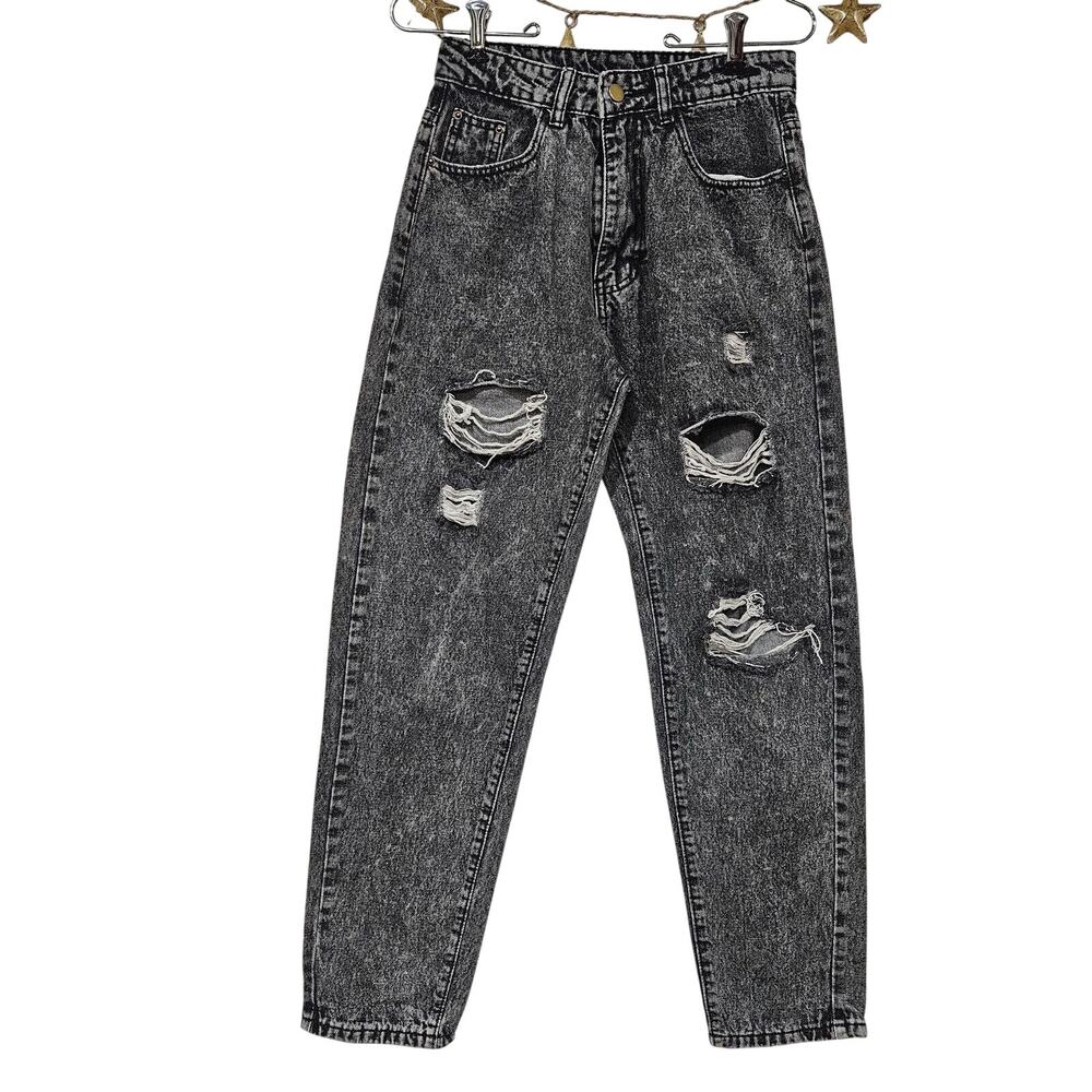 Shein Small 26.5"×27" Black Distressed Torn Destroyed Jeans Grunge Acid Wash 80s
